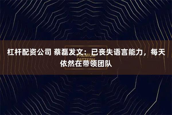 杠杆配资公司 蔡磊发文：已丧失语言能力，每天依然在带领团队